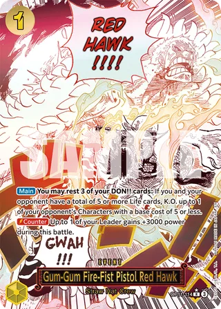 Gum-Gum Fire-Fist Pistol Red Hawk (Alternate Art) #OP11-114-alternate-art · A Fist of Divine Speed One Piece card