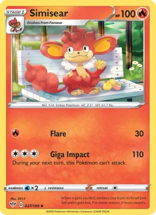 Simisear #27 · Darkness Ablaze Pokémon card
