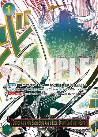 Demon Aura Nine Sword Style Asura Blades Drawn Dead Man's Game (Alternate Art) #OP12-037-alternate-art · Legacy of the Master One Piece card