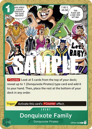 Donquixote Family #OP04-036 · Kingdoms of Intrigue Pre-Release Cards One Piece card