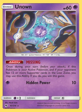 Unown #92 · Lost Thunder Pokémon card