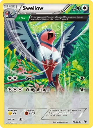 Swellow #72 · Roaring Skies Pokémon card