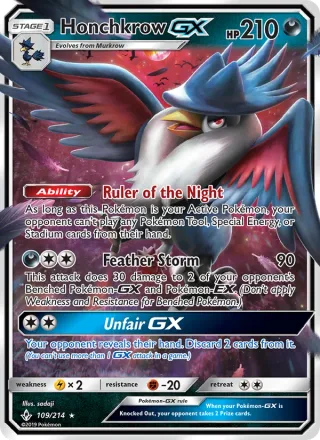 Honchkrow GX #109 · Unbroken Bonds Pokémon card