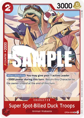 Super Spot-Billed Duck Troops #OP04-009 · Kingdoms of Intrigue Pre-Release Cards One Piece card