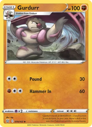 Gurdurr #74 · Battle Styles Pokémon card