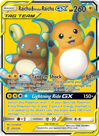 Raichu & Alolan Raichu GX #220 · Unified Minds Pokémon card