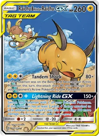 Raichu & Alolan Raichu GX #221 · Unified Minds Pokémon card