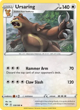 Ursaring #139 · Darkness Ablaze Pokémon card