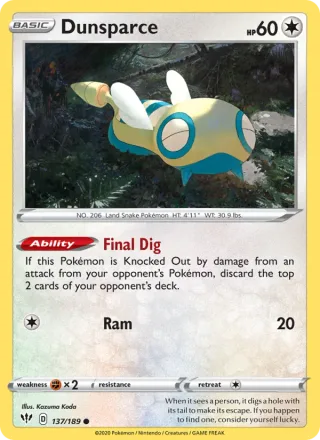 Dunsparce #137 · Darkness Ablaze Pokémon card