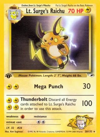 Lt. Surge's Raichu #28 · Gym Heroes Pokémon card