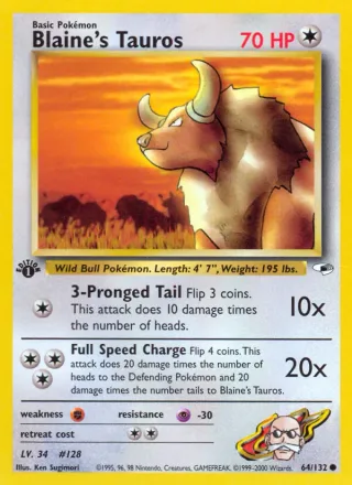 Blaine's Tauros #64 · Gym Heroes Pokémon card