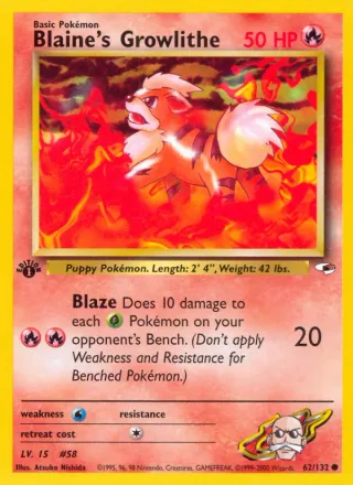 Blaine's Growlithe #62 · Gym Heroes Pokémon card