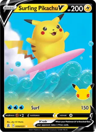 Surfing Pikachu V #8 · Celebrations Pokémon card