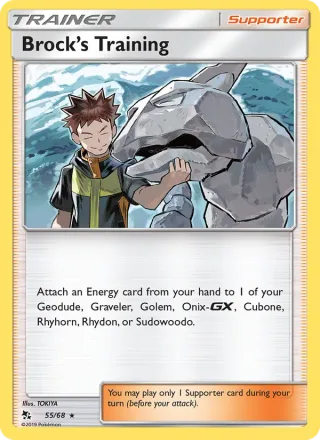 Brock’s Training #55 · Hidden Fates Pokémon card