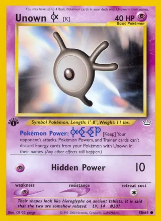 Unown [K] #58 · Neo Revelation Pokémon card