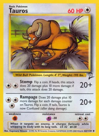 Tauros #62 · Base Set 2 Pokémon card
